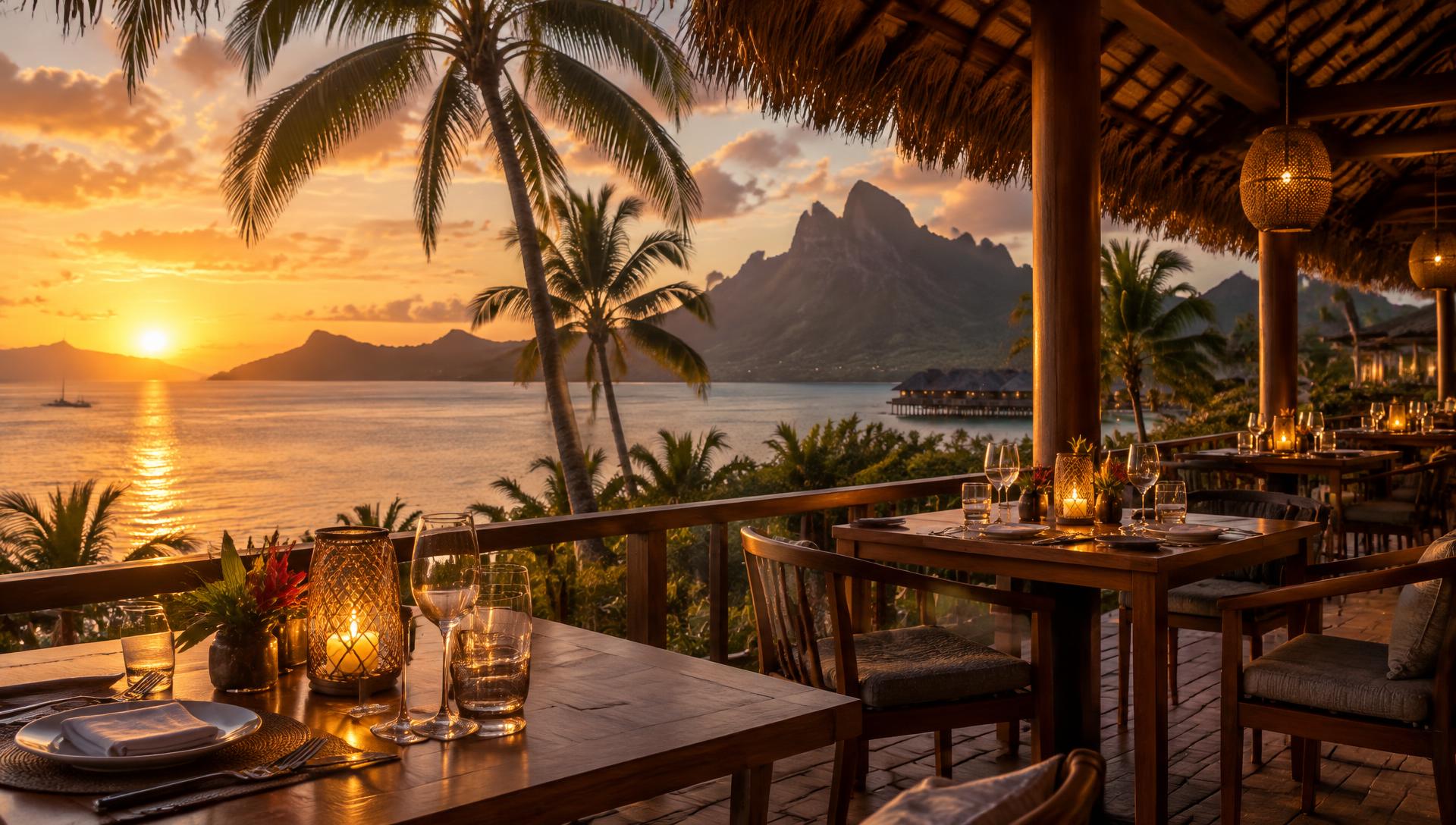 Sunset dining terrace at a Pacific resort